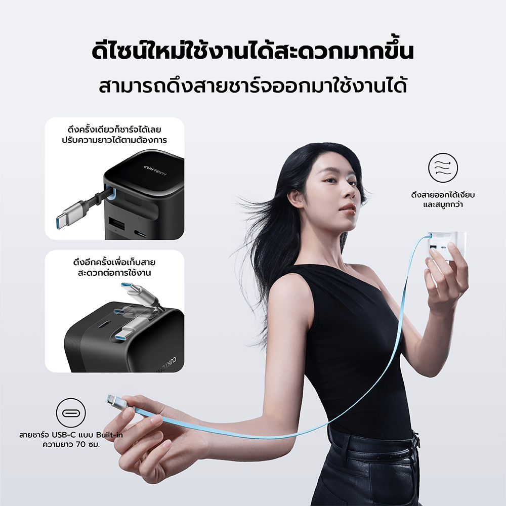 หัวชาร์จเร็วพร้อมสาย CUKTECH AD653W สีดำ GAN 65W รองรับ PD, PPS, QC